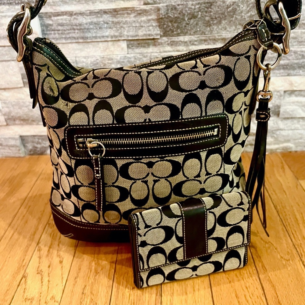 COACH Signature Dark Brown Leather Crossbody Purse with matching wallet.$99